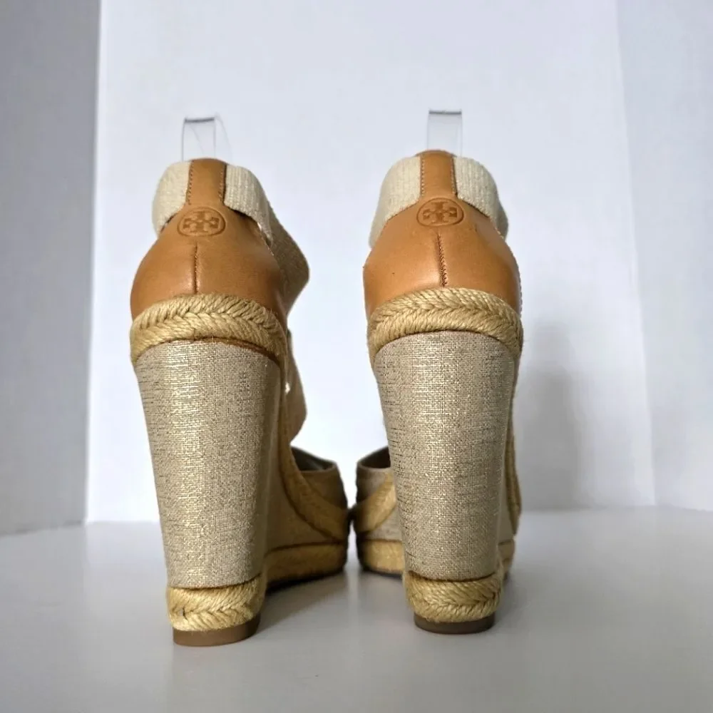 Tory Burch Kate Linen Espadrille Natural Gold Wedge Size 6